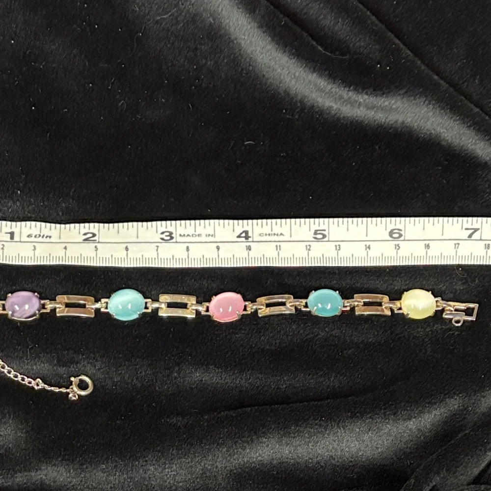 Pastel multi stone gold bracelet with security chain clasp 7" long - Picture 10 of 10